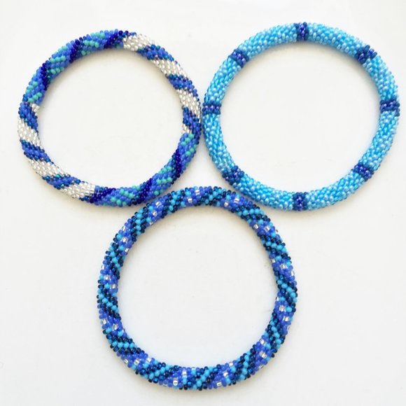 Shades of Blue Beaded Roll-on Bracelets--set of 3 - Picture 3 of 3